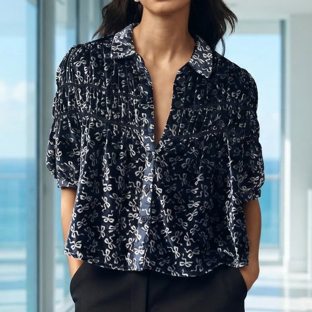 NWT $128 Anthropologie Leandra Velvet Shirred Yoke Blouse by Maeve XXS FITS XS